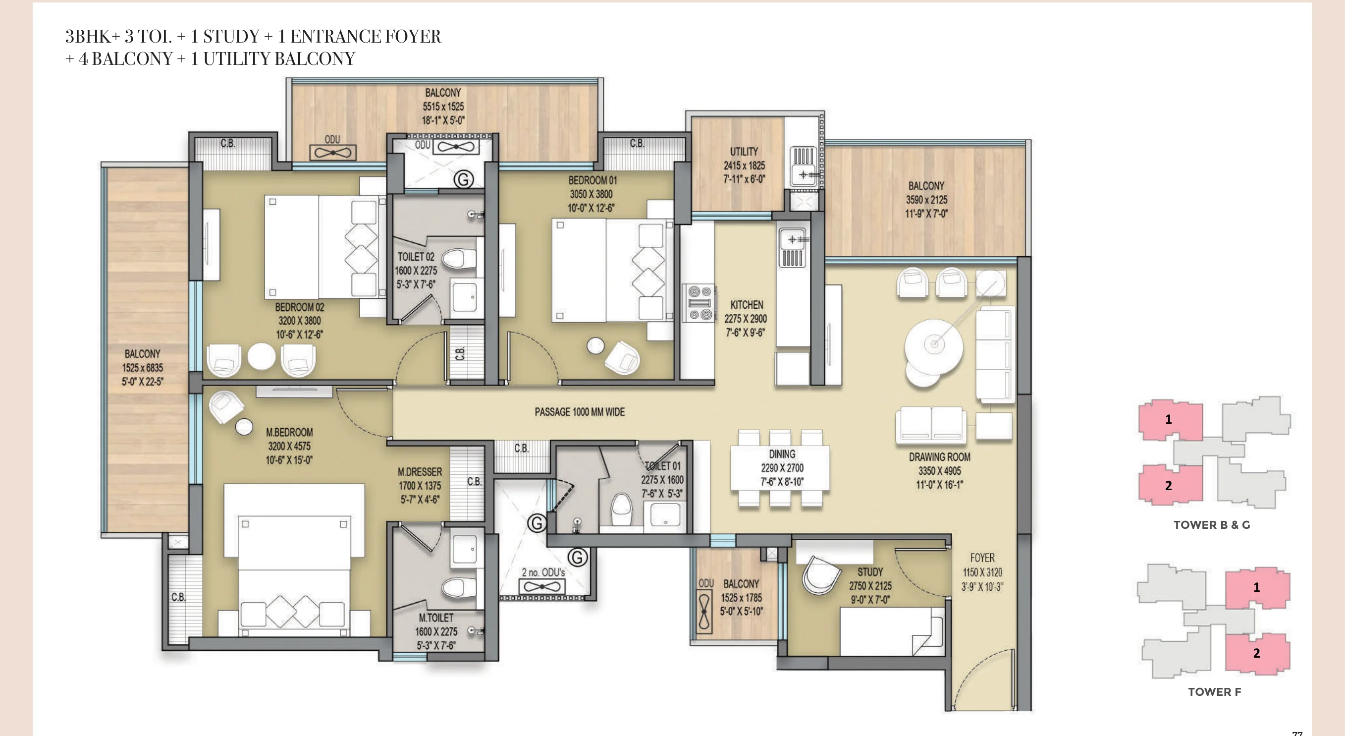ELITE-X 3 BHK + Study floor plan layout
